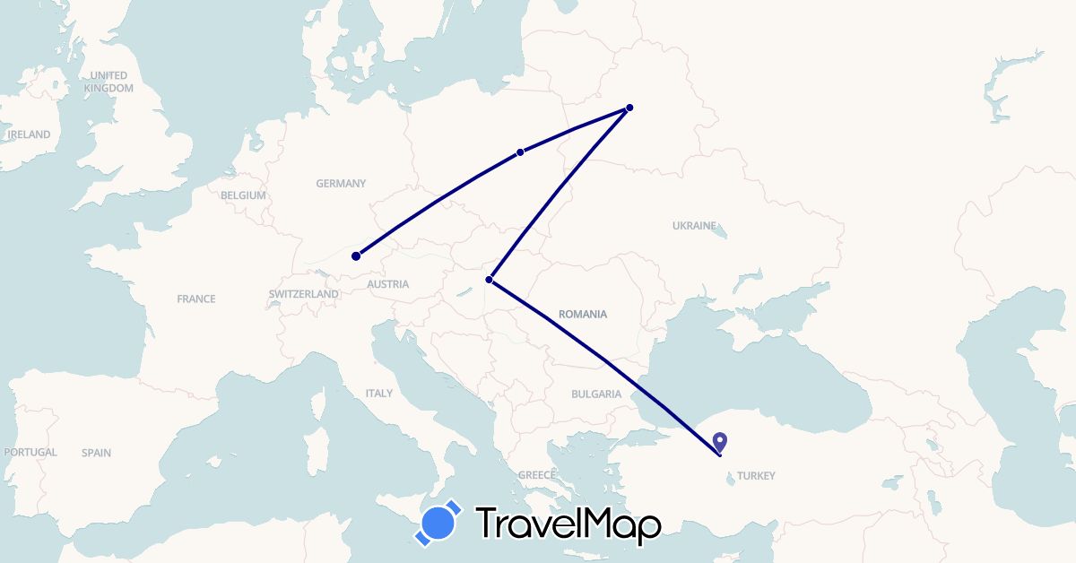 TravelMap itinerary: driving in Belarus, Germany, Hungary, Poland, Turkey (Asia, Europe)